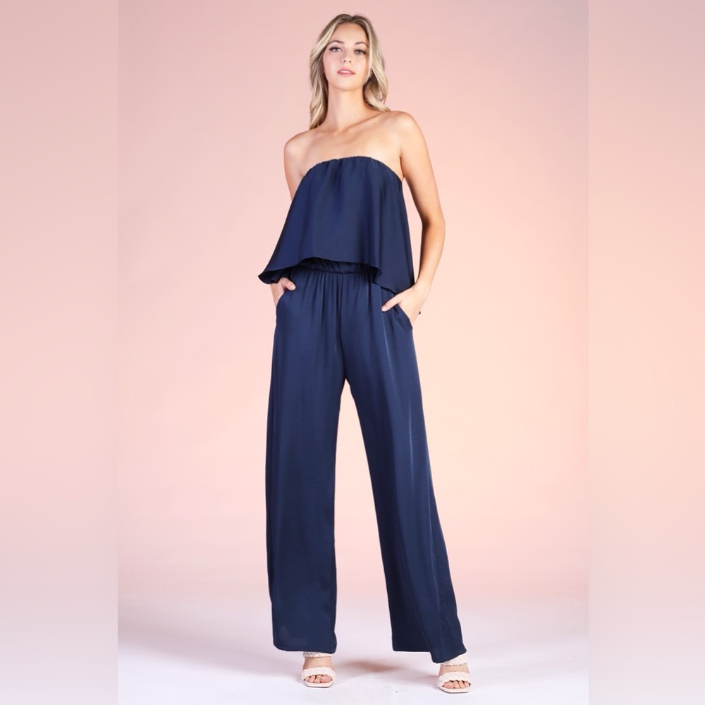 Tyche washed poly silk cascade strapless jumpsuit